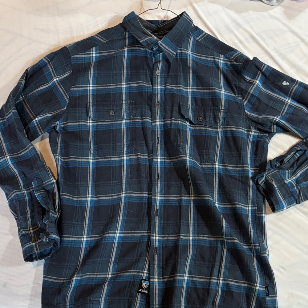 Kuhl Navy and White Plaid Button Down Shirt